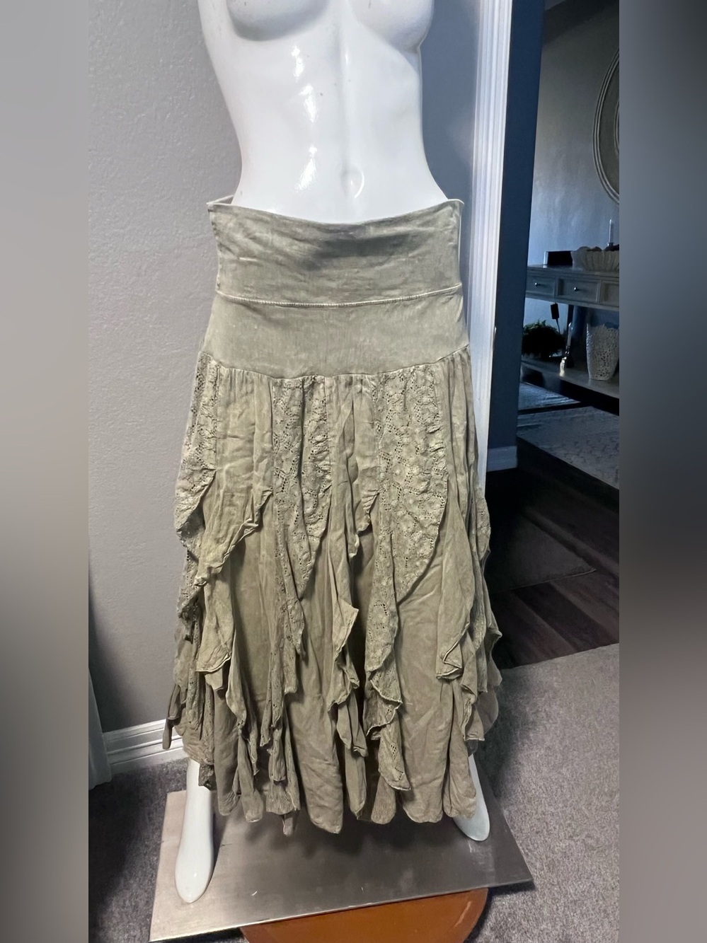 Cute Options Bohemian Ruffled Maxi Skirt in Sage color Size L